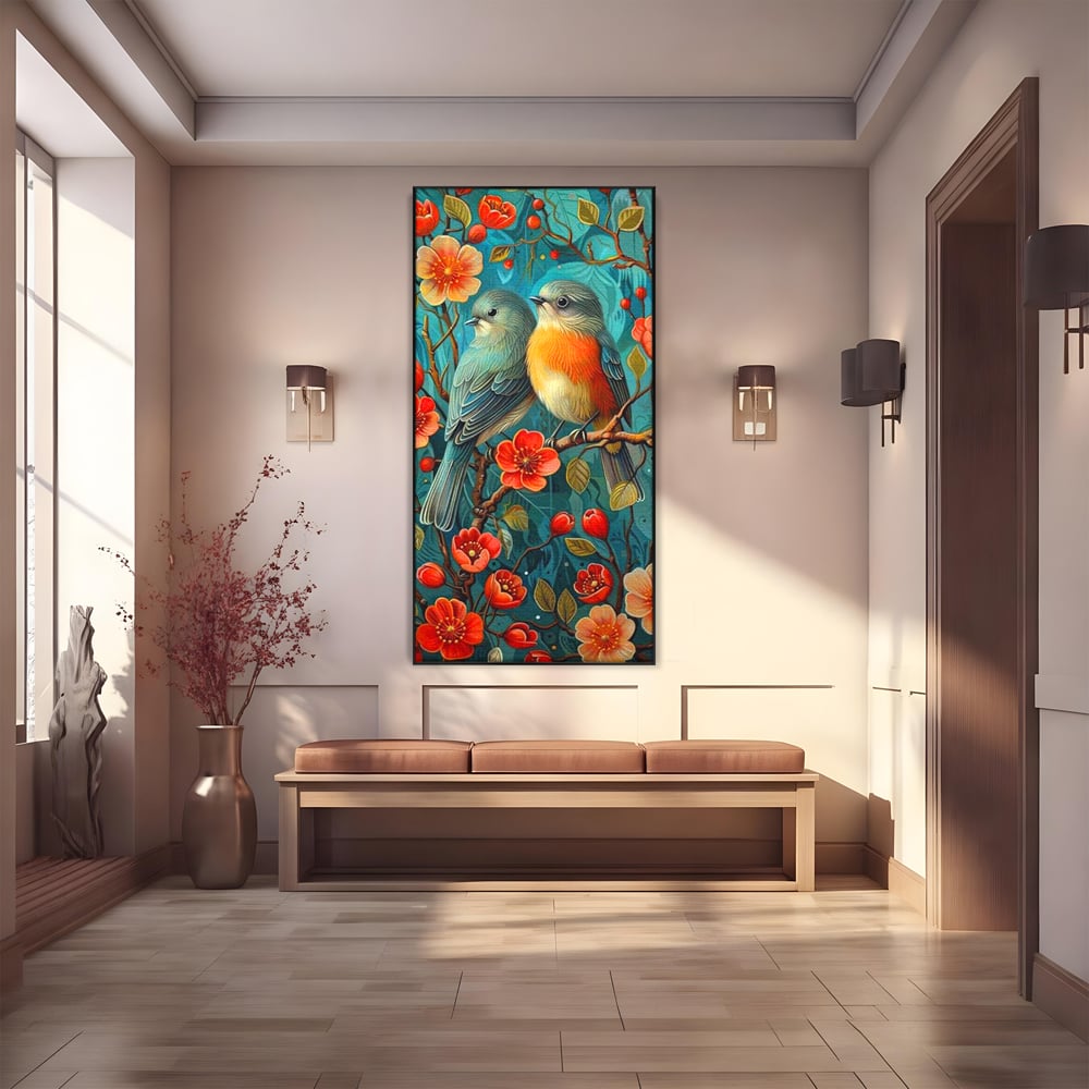 Tablou canvas cu tablou canvas cu pasari pe creanga, in rama de aluminiu negru